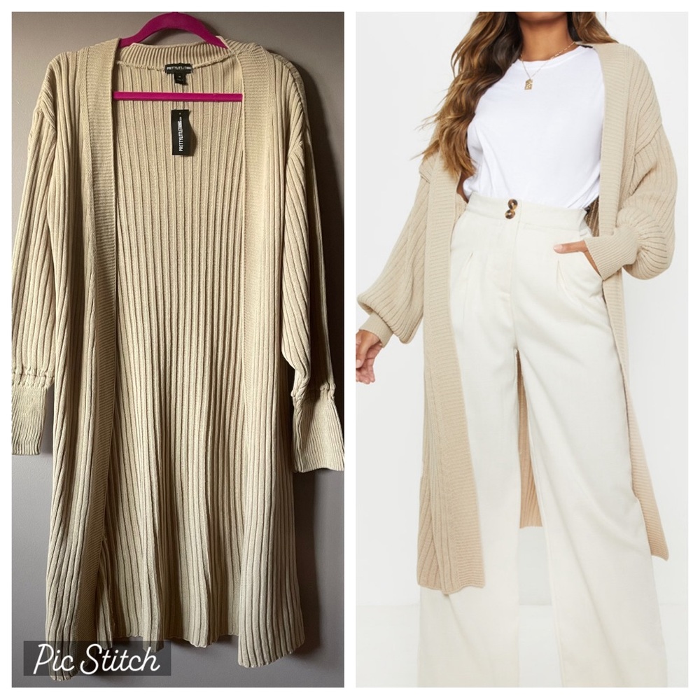 Pretty Little Thing Stone Ribbed Knit Midi Open Front Cardigan